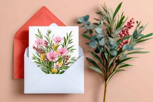 Floral greeting card emerging from a light blue and red envelope with eucalyptus and berries bouquet on a pink background photo