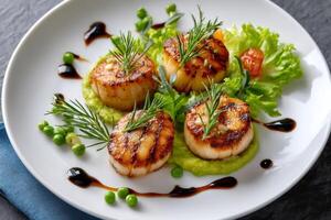 Grilled scallops resting on pea puree with fresh salad and balsamic vinegar photo