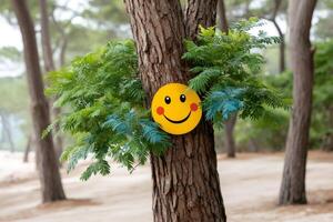 Yellow smiley face hanging on a tree trunk surrounded by green leaves is spreading happiness in the forest photo