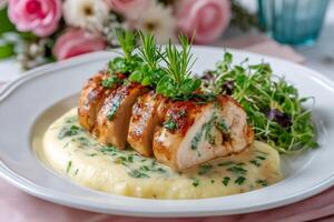 Sliced chicken breast stuffed with spinach and cheese, resting on mashed potatoes and creamy sauce photo