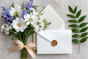Bouquet of white and blue flowers near a white envelope with a gold wax seal inviting for a celebration photo