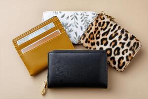 Four closed wallets showing different colors, patterns and materials, lying on a beige surface photo