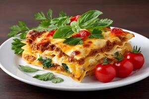 Delicious lasagne with meat, spinach, basil, melted cheese and cherry tomatoes decorating a white plate photo