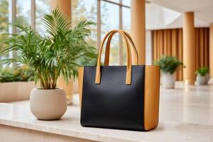 Elegant tote bag standing next to a potted plant in a modern building photo