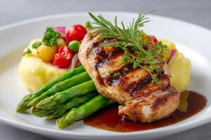 Grilled chicken breast resting on asparagus with mashed potatoes and vegetables, covered in gravy photo