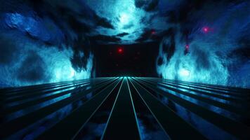 Futuristic tunnel with blue lights and clouds in the background. Loop animation video
