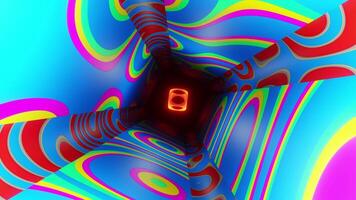 Abstract multicolored tunnel with glowing orange cube in the center. Looped animation video
