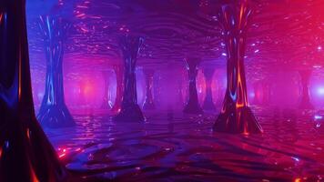 Flight between trees in a mysterious forest. Looped animation video