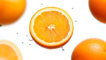 Fresh Oranges with Water Drops on Wooden Table photo