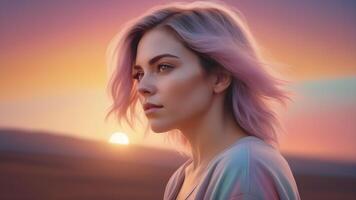 a woman with pink hair and a sunset in the background photo