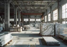 Bright sunlight illuminates a spacious warehouse filled with neatly stacked white marble slabs, showcasing their varied patterns and textures photo