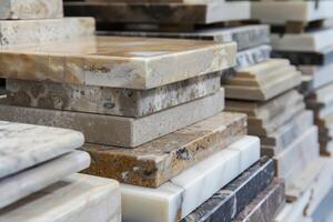 A collection of marble slabs stacked in a workshop, displaying different shades and textures, ready for crafting and design projects photo