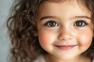 A joyful baby girl with brown eyes and curly black hair beams with delight in a warm and inviting indoor environment photo