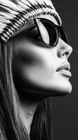 A beautiful Native American woman with sunglasses displays her features in a stunning black and white portrait against a dark background photo