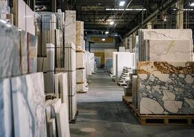 Marble slabs fill a spacious warehouse, showcasing various colors and patterns suitable for construction and design purposes photo