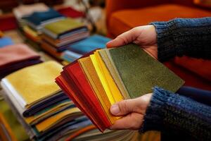 Holding a collection of colorful swatches, the individual thoughtfully evaluates each option for a design project in a warm, inviting space photo
