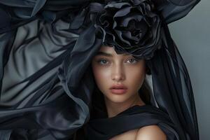 A fashion model displays grace and sophistication, wearing a black dress adorned with a striking floral accent, set against a neutral backdrop photo