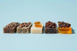 Different types of artisanal soaps displayed harmoniously, showcasing varying colors, textures, and ingredients on a light blue backdrop photo