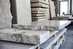 A stack of white marble slabs is neatly arranged in a shop, highlighting the unique textures and colors of the stone photo