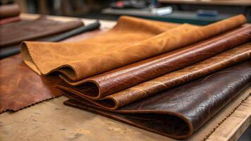 Various leather sheets displayed on a work table in a crafting workshop photo