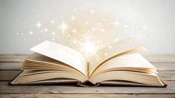Magic emanates from an open book on a rustic wooden table photo