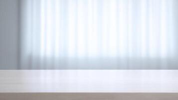 Light wooden table surface with soft blurred curtains in background creating a bright clean minimalist setting for product display or design mockups. photo