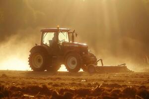 Tractor at sunset plowing a dusty field in golden light photo