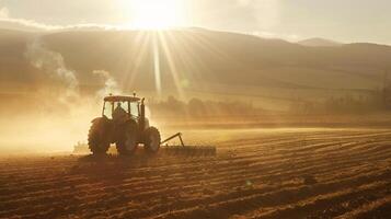 Sunset farming, tractor plowing a dusty field in golden light photo
