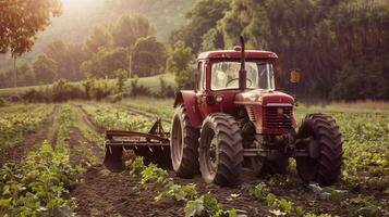 Red tractor working on scenic farm field at sunset photo