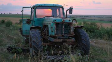 Rustic vintage tractor at sunset in scenic countryside landscape photo
