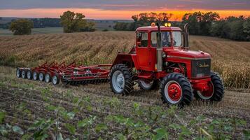 Vintage red tractor plowing field at sunset with rolling hills photo