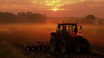 Tractor plowing field at sunrise with dramatic sky and misty landscape photo
