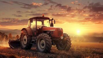 Red tractor plowing a field at sunset with dramatic sky and warm lighting photo