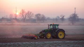 Tractor plowing field at sunrise with misty landscape and warm colors photo