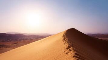 Golden sand dune under bright sunlight in desert creating a vast and breathtaking natural landscape with warm tones and peaceful atmosphere perfect for travel and nature themes. photo