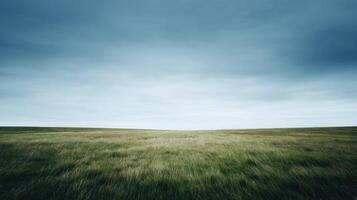 Wide open field under cloudy sky with vast grassy landscape stretching toward distant horizon, featuring gentle winds, soft natural colors, and a peaceful countryside atmosphere. photo