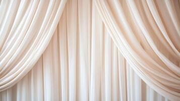 Soft beige curtains draped in gentle folds with flowing texture and layered vertical pleats for an elegant interior background. photo