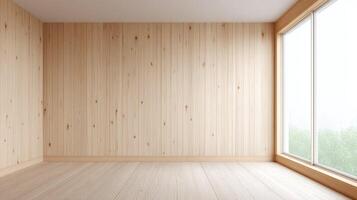 Empty wooden room with large window allowing bright natural light, featuring clean wood walls, minimalistic floor, simple warm tones, and peaceful atmosphere perfect for interior design. photo