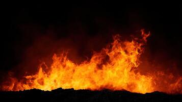 Intense flames burning in dark night background with bright fiery orange and yellow colors creating a dramatic and powerful scene full of heat, energy, and dynamic movement. photo
