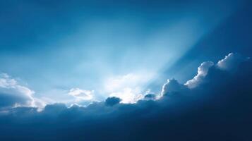 Bright sky with sunlight rays breaking through clouds creating a stunning and peaceful atmosphere ideal for weather, spirituality, and emotional nature themes. photo