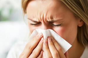 Woman experiencing allergies or cold sneezing into tissue in close-up photo