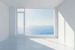 Minimalist ocean view, sunlit room with large window overlooking tranquil sea horizon photo