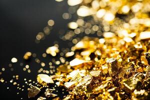 Shimmering gold nuggets with bokeh background photo