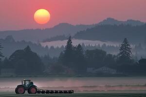 Tranquil agricultural scene with sunrise over misty fields and tractor photo