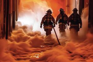 Firefighters battling blaze with foam in intense emergency response scene photo