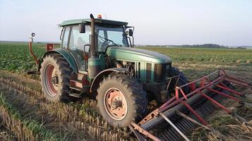 Tractor in a field during harvest season on a sunny day photo