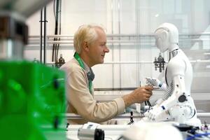 Human and robot interaction in futuristic laboratory setting for technology and innovation photo