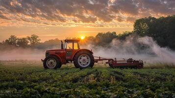Tranquil sunrise over farmland with tractor and misty morning atmosphere photo