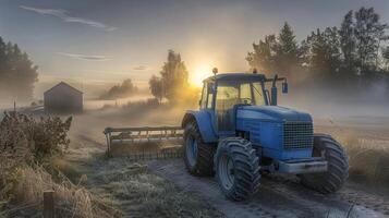 Sunrise over foggy countryside with blue tractor on farm field photo