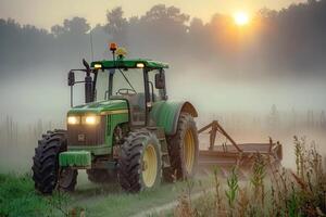 Tractor in morning fog with sunrise over farmland scene photo